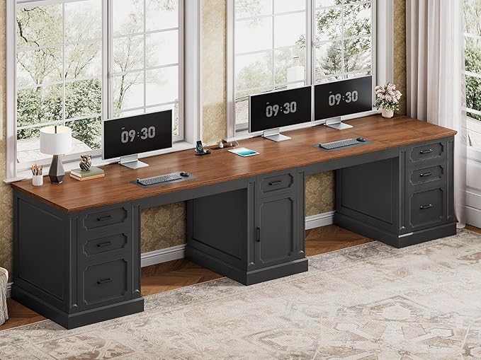 SEDETA Farmhouse 110.3" Two Person Desk with 7 Drawers, Long Computer Desk with Storage Cabinet, 2 Person Desk with Power Outlets for Home Office, Black