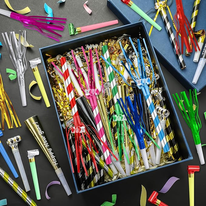Lenwen 200 Pcs New Years Eve Noisemakers Party Favor 2026 Happy New Year Gold Silver Blower Horns Whistles Party Supplies for Birthday Celebration Sporting Events(Colorful)