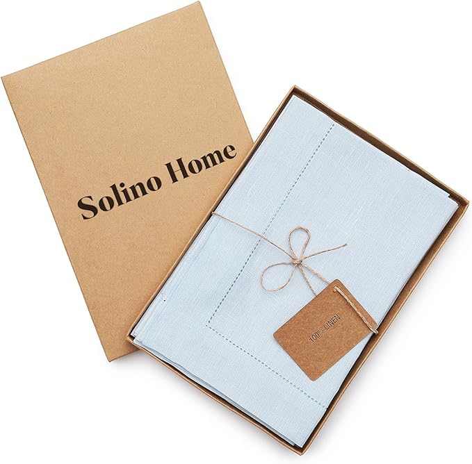 Solino Home Light Blue Linen Napkins Set of 4-100% Pure Linen Hemstitch Dinner Napkins 20 x 20 Inch for Christmas, Winter, New Year - Classic Hemstitch