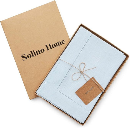 Solino Home Light Blue Linen Napkins Set of 4-100% Pure Linen Hemstitch Dinner Napkins 20 x 20 Inch for Christmas, Winter, New Year - Classic Hemstitch