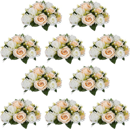 NUPTIO Artificial Flower Centerpieces for Tables: 10 Pcs Peachy Champagne & White Flower Ball Arrangement for Wedding Party - 9.5 Inch Diameter Floral Rose for Bridal Shower Decor