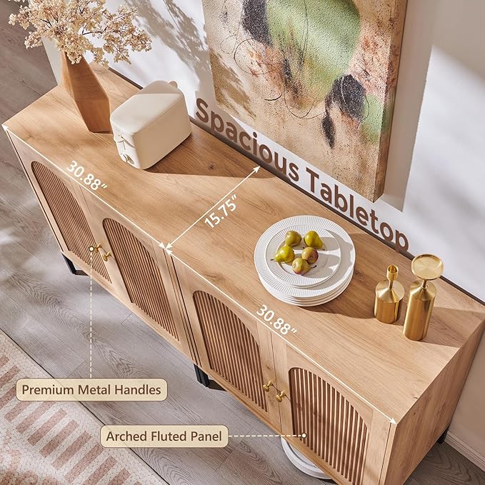 Modern Buffet Cabinet with Storage, 61.75" W Fluted Arched Sideboard Cabinet w/Adjustable Shelves, Wooden Modular Coffee Bar for Dining Room, Kitchen, Living Room, Entryway, Natural