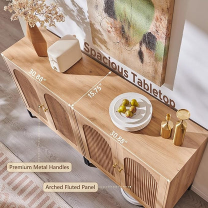 Modern Buffet Cabinet with Storage, 61.75" W Fluted Arched Sideboard Cabinet w/Adjustable Shelves, Wooden Modular Coffee Bar for Dining Room, Kitchen, Living Room, Entryway, Natural