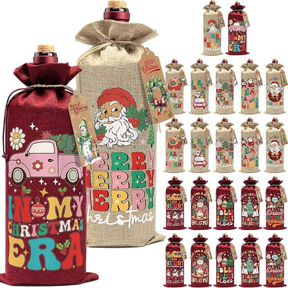 Aoonby 24PCS Burlap Wine Bags Christmas Wines Gift Bag, Drawstring Retro Christmas Bottle Cover Gift Bag w/Tag, Reusable Wines Bags for Bottles Gifts Wine Bottle Covers for Xmas Holiday Party Decor