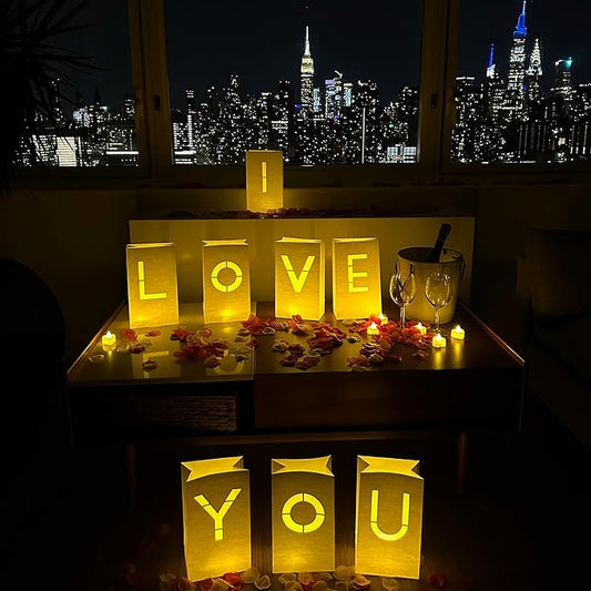 I Love You Light Up Letters with 30 Tea Lights Candles and 1000 Red & Pink Rose Petals - Luminary Bags for Anniversary Decorations, Valentines Day Decorations & Romantic Bedroom Decor