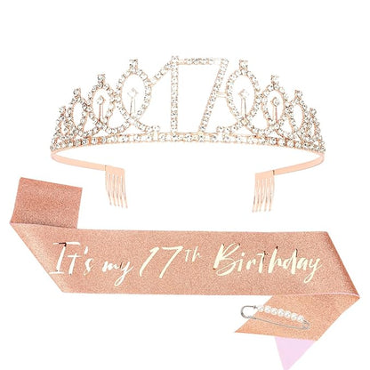 CIEHER 17th Birthday Crown and Sash for Girls, It's My 17 Bday Sash, 17th Birthday Decorations Rose Gold