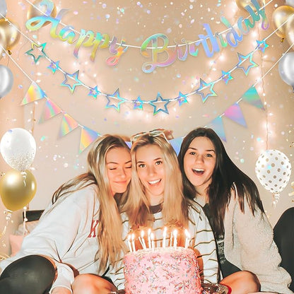 CANREVEL 3 PCS Iridescent Happy Birthday Banners, Hanging Star Garland and Pennant Banner Flags, Sparkling Iridescent Party Decorations, Iridescent Party Supplies for Women Men Girls Boys Adults