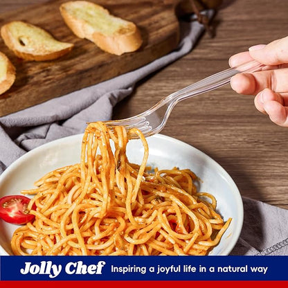 JOLLY CHEF [300 Count] Clear Plastic Forks,Heavy Duty Disposable Forks Plastic Utensils Perfect for Home, School, Party, Restaurant, Christmas or Daily use