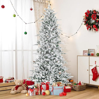 GOFLAME 7.5FT Pre-Lit Christmas Tree Snow Flocked, Hinged Artificial Xmas Tree with 1107 Branch Tips, 47 Natural Pine Cones, 350 Warm White Incandescent Lights, Holiday Decoration Tree for Home Office
