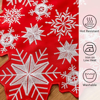 Joyfol Day Christmas Red Table Runner 14 x 86 Inch, Cutwork Embroidered White Snowflake Table Runners, for Xmas Holiday Winter Festival Kitchen Dining Tabletop Decoration