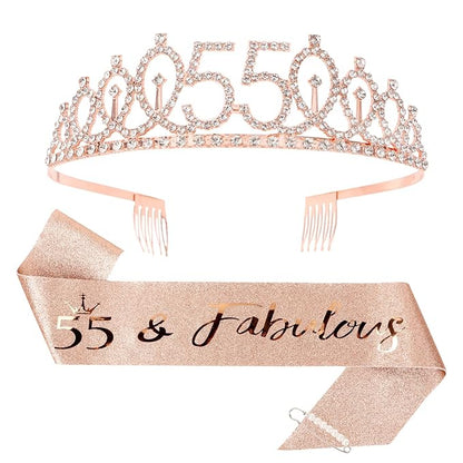 CIEHER 55th Birthday Crown & Sash Set - Pearl Pin Tiara, Fabulous 55th Birthday Decorations for Women
