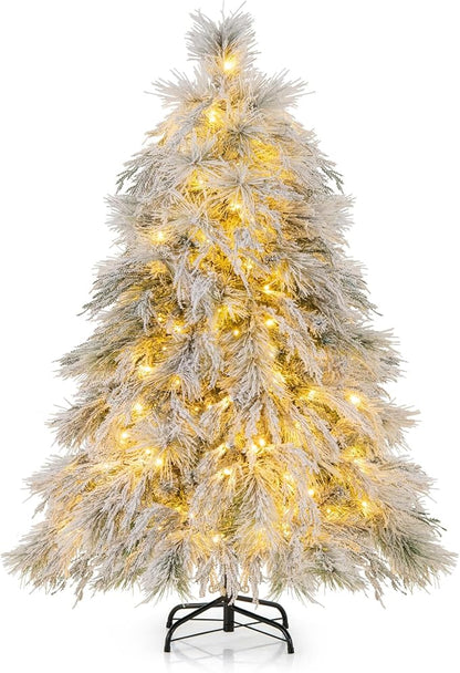 GOFLAME 4.5ft Pre-Lit Christmas Tree Snow Flocked, Hinged Artificial Xmas Tree with 279 Branch Tips, 150 Warm White LED Lights, Willow Leaves, Holiday Decoration Tree for Home Office Party