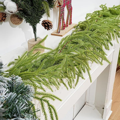 1PCS 9FT Christmas Norfolk Garland Decorations, Faux Pine Garland Outdoor, Artificial Unlit Green Garlands, Christmas Mantel Decoration Indoor, Thick Greenery Xmas Decor in The Winter