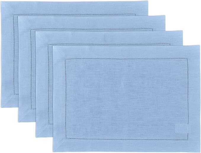 Solino Home Linen Cloth Placemats Set of 4-100% Pure Linen Hemstitch Cornflower Blue Placemats 14 x 19 Inch - Classic Hemstitch Table Place Mats for Christmas, Holiday, New Year