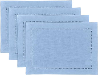 Solino Home Linen Cloth Placemats Set of 4-100% Pure Linen Hemstitch Cornflower Blue Placemats 14 x 19 Inch - Classic Hemstitch Table Place Mats for Christmas, Holiday, New Year