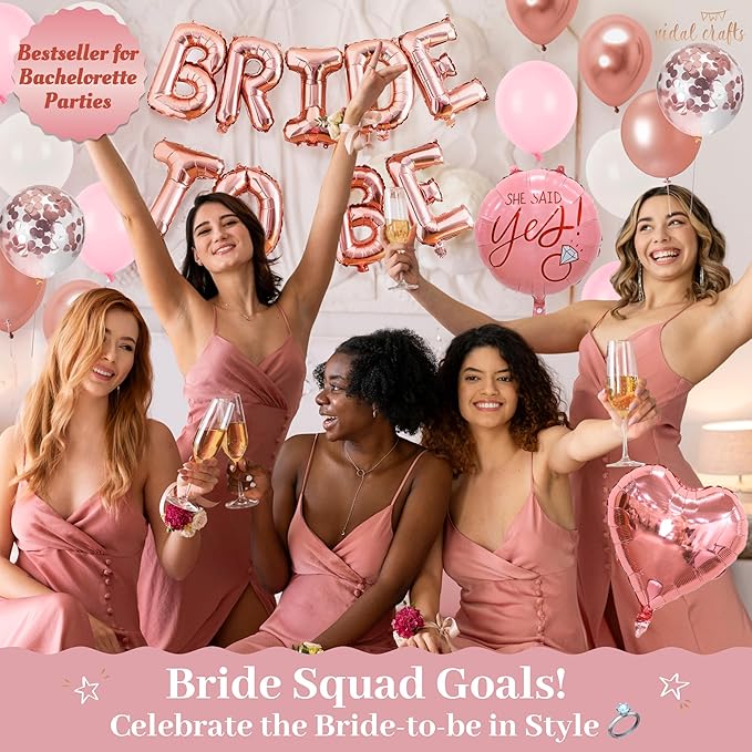 VIDAL CRAFTS 62-Piece Rose Gold Bridal Shower Decorations – Bachelorette Party Decor with Confetti Balloons, Bride-to-Be Banner, Bridal Veil, Fringe Curtains, Bride Sash & Fun Photo Props [UPGRADED]