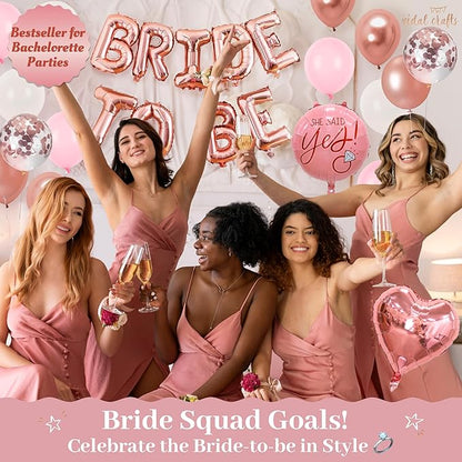 VIDAL CRAFTS 62-Piece Rose Gold Bridal Shower Decorations – Bachelorette Party Decor with Confetti Balloons, Bride-to-Be Banner, Bridal Veil, Fringe Curtains, Bride Sash & Fun Photo Props [UPGRADED]