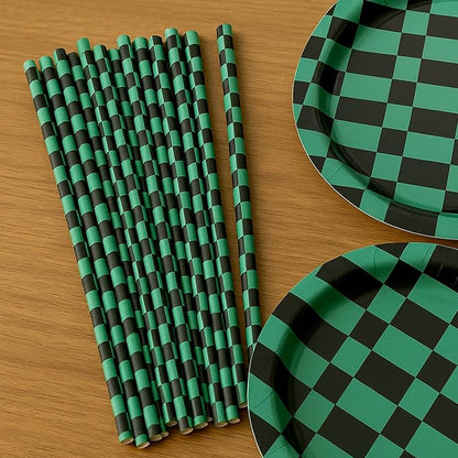 100 Black and Green Checkered Straws - Disposable Paper 7.75 Inch Straws for Demon Anime Themed Party - Party On Tap