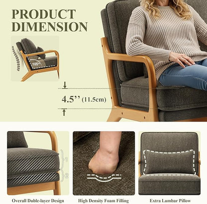 Accent Chair with Solid Wood Frame, Mid-Century Relaxing Armchair Lumbar Pillow& Soft Cushion, Reading Leisure Chair for Living Room, Bedroom, Waiting Room-Green