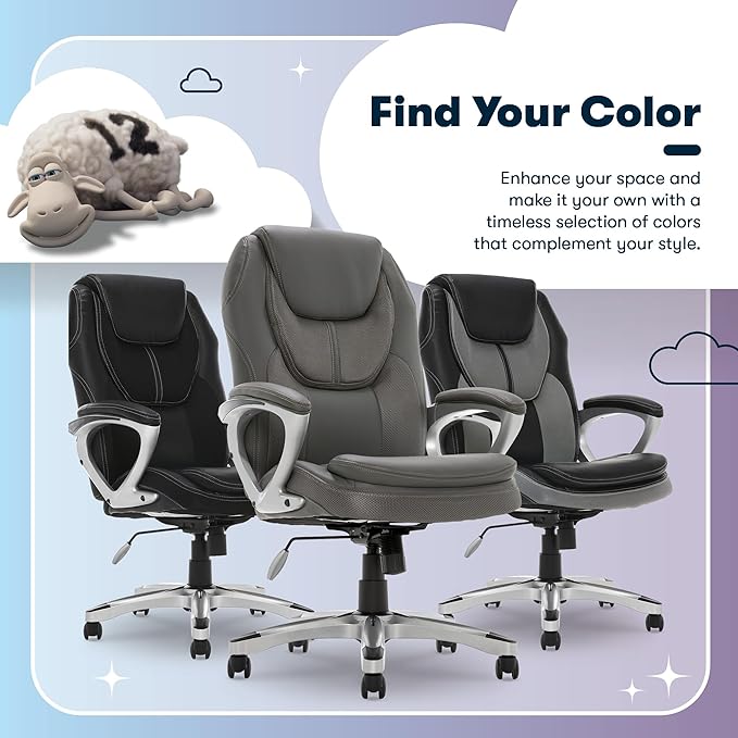 Serta Amplify Executive Office Chair with Faux Leather and Mesh, Adjustable Ergonomic Comfy Seat with Lumbar Support, Modern Computer DeskChairs, Swivel Rolling Wheels, Duo Gray