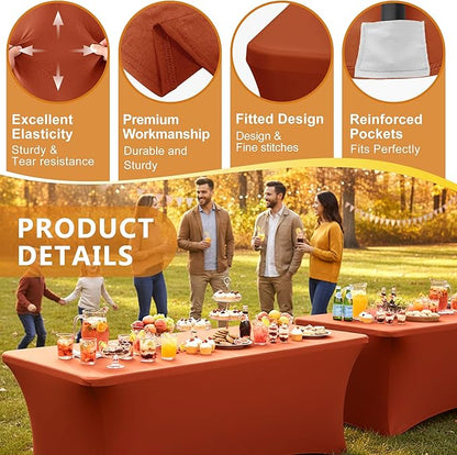 Table Cover for 6 Foot Rectangle Tables-6 Pack Rust Thanksgiving Fitted Stretch Tablecloth-Spandex 6ft Fall Tablecloths for Party, Vendor Booth Display, Banquet Buffet, Craft Trade Show