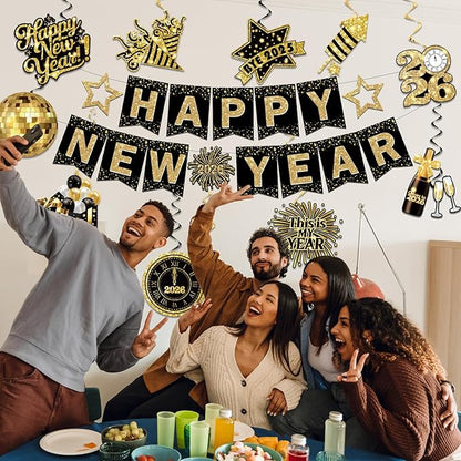 2026 New Years Decorations, Nye Year Party Decorations includes Happy New Year Banner and Hanging Swirl, NYE Party Supplies 2026 for News Years Eve Party Decor Indoor Outdoor Classroom Office