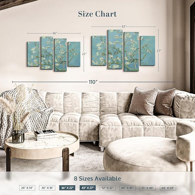 Elephant Stock Almond Blossoms Wall Art - Horizontal Canvas - 4-Piece Living Room Wall Decor - Flower Painting Canvas Print - Blue and Green Decor for Wall by Vincent Van Gogh - 43" X 27"