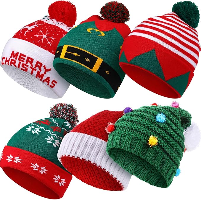 Vicenpal 6 Pcs Christmas Knitted Hat Xmas Beanie Hat Bulk Crochet Knit Cap Set Printed Wool Bulk