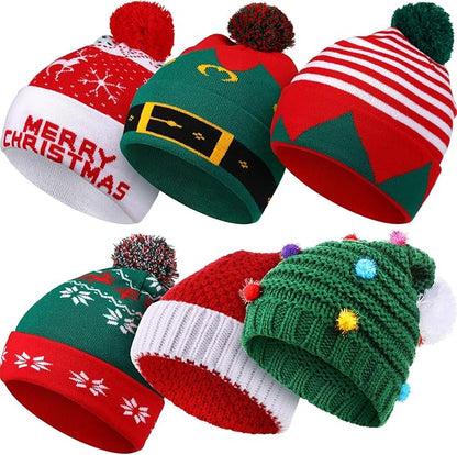 Vicenpal 6 Pcs Christmas Knitted Hat Xmas Beanie Hat Bulk Crochet Knit Cap Set Printed Wool Bulk