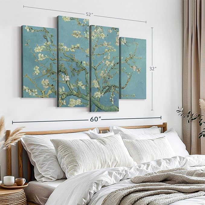ElephantStock Almond Blossoms Wall Art - Horizontal Canvas - 4-Piece Living Room Wall Decor - Flower Painting Canvas Print - Blue and Green Decor for Wall by Vincent Van Gogh - 52" X 32"