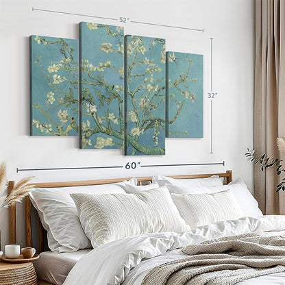 ElephantStock Almond Blossoms Wall Art - Horizontal Canvas - 4-Piece Living Room Wall Decor - Flower Painting Canvas Print - Blue and Green Decor for Wall by Vincent Van Gogh - 52" X 32"