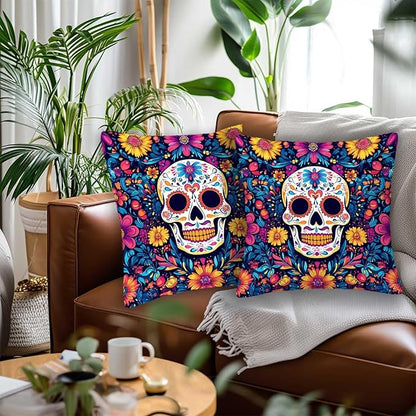 Sugar Skull Pillow Covers 18x18 Set of 2, Day of The Dead Halloween Cushion Cases for Sofa, Couch, Bed and Living Room, Home Decoration for Spring, Summer, Autumn and Winter