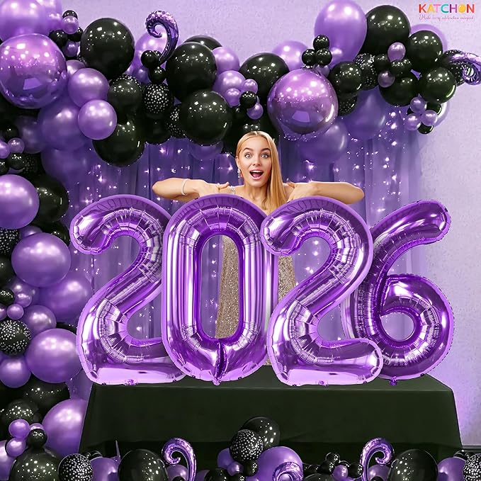 Katchon, Giant Purple 2026 Balloons - 42 Inch | Happy New Year Balloons | 2026 Balloon Numbers | Silver Balloon for New Years Decorations 2026 | NYE Decorations | New Years Eve Party Supplies 2026