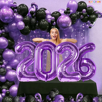 Katchon, Giant Purple 2026 Balloons - 42 Inch | Happy New Year Balloons | 2026 Balloon Numbers | Silver Balloon for New Years Decorations 2026 | NYE Decorations | New Years Eve Party Supplies 2026