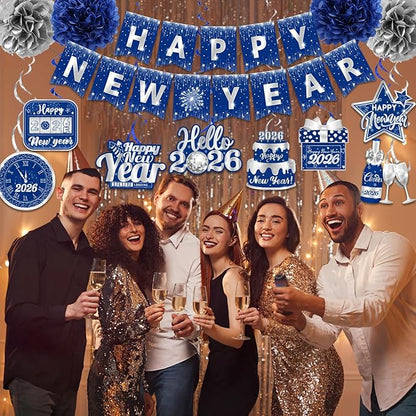 Blue New Years Decorations 2026, NYE Party Supplies includes Happy New Year Banner Hanging Swirls and Blue and Silver Tissue Pom Poms, New Year Hanging Swirls for Indoor Outdoor Classroom Office