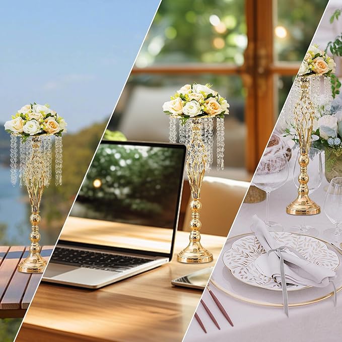 2 Pcs 21.7 Inch Gold Crystal Flower Stand Wedding Centerpieces for Table, Tall Metal Flower Arrangement Stand with Metal Chandelier Tabletop for Event, Birthday, Home Decor