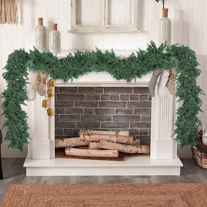 Hananona 9 FT Artificial Cedar Garlands, Real Touch Winter Cedar Pine Garland, Green Artificial Greenery Garland for Table, Mantle, Wall, Indoor, Outdoor Christmas Decorations (1, 9 FT)