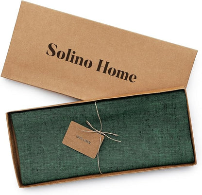 Solino Home Linen Table Runner 36 Inches - 100% Pure Linen Forest Green Table Runner 14 x 36 Inch Ideal for Dresser and Coffee Tables - Athena - Christmas, Winter, New Year