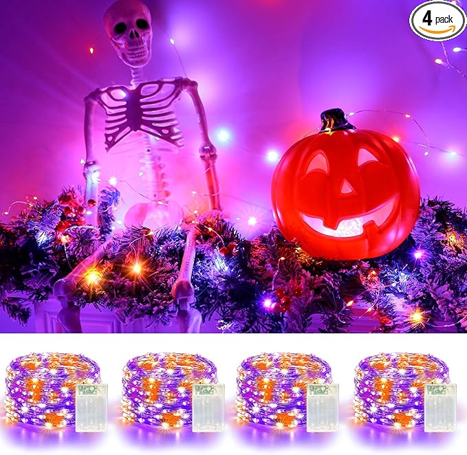 4 Pack 240LED Halloween Fairy Lights Battery Operated - 20FT Twinkle Lights with 2 Lighting Modes Indoor, Waterproof Led Fairy String Lights for Christmas, Bedroom, Dorm, DIY Decor, Purple & Orange