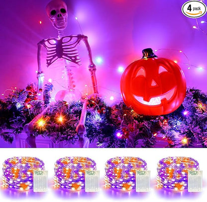 4 Pack 240LED Halloween Fairy Lights Battery Operated - 20FT Twinkle Lights with 2 Lighting Modes Indoor, Waterproof Led Fairy String Lights for Christmas, Bedroom, Dorm, DIY Decor, Purple & Orange