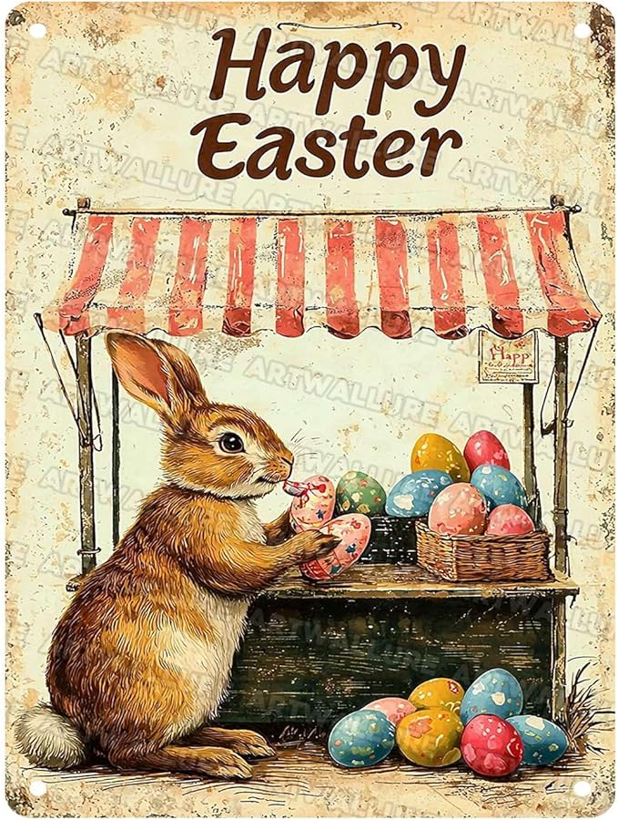 Metal Tin Sign Happy Easter Bunny Signs Vintage Wall Art Decor For Backyard Home Living Room Easter Garden Vintage Wall 12x16Inch