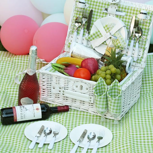 Neti Neti Wicker Picnic Basket for 4 with Insulated Cooler & Waterproof Blanket – Large Willow Picnic Hamper for Outdoor, Camping, Beach, Romantic Dates, Valentine’s Day