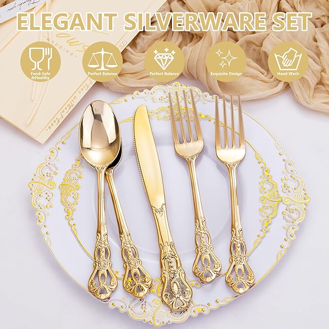 300Pieces Gold Plastic Silverware - Heavy Duty Gold Disposable Utensils - Vintage Plastic Cutlery Set Includes 100 Forks, 100 Spoons, 100 Knives for Dinner Parties Weddings