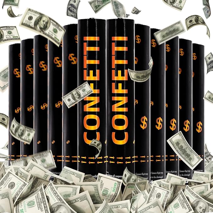 Confetti Cannon Party Poppers 12 Pack 100 Dollar Bill Money Paper Make it Rain 12 inch Confetti Shooters Bill Launcher for Business Signing Opening Activities Birthday Party Celebration