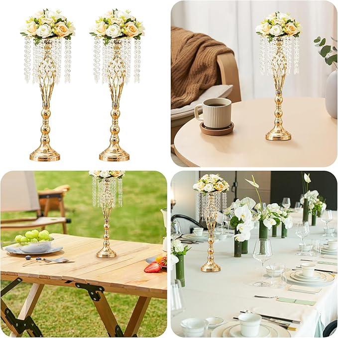 2 Pcs 21.7 Inch Gold Crystal Flower Stand Wedding Centerpieces for Table, Tall Metal Flower Arrangement Stand with Metal Chandelier Tabletop for Event, Birthday, Home Decor