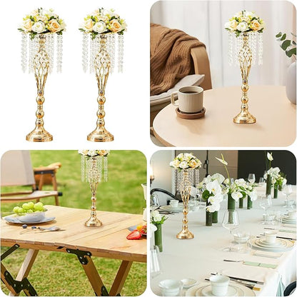 2 Pcs 21.7 Inch Gold Crystal Flower Stand Wedding Centerpieces for Table, Tall Metal Flower Arrangement Stand with Metal Chandelier Tabletop for Event, Birthday, Home Decor