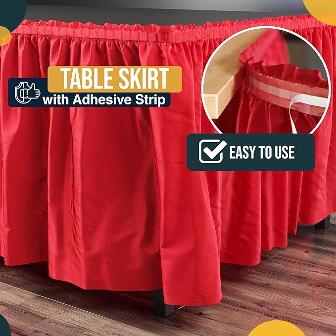 Exquisite Ruffle Table Skirt Red 48 Pack 14 Ft Long Table Skirts for Rectangle Tables 6ft Plus or Round Tables Skirts with Adhesive Strip for Gender Reveal Decor & Happy Birthday Parties