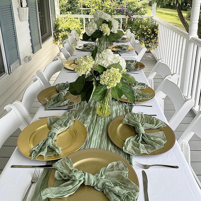 6 Pack Sage Green Cheesecloth Table Runners, 10ft Boho Green Gauze Table Runner 120 Inch Long for Wedding Baby Shower Birthday Party Christmas Decoration