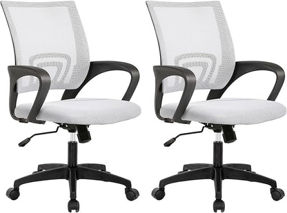 BestOffice | Ergonomic Office Chair | Mid-Back Swivel Desk Chair | Breathable Backrest & Lumbar Support | Adjustable Height | Sponge Seat | Rolling Wheels | White | for Adults & Women | Pack of 2