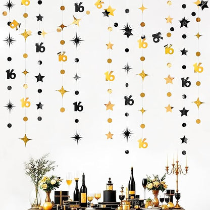 Black Gold 16th Birthday Decorations Number 16 Circle Dot Twinkle Star Garland Streamer Banner Backdrop for Girls Boys Happy 16th Birthday Sweet Sixteen Anniversary Cheers to 16 Years Party Decor